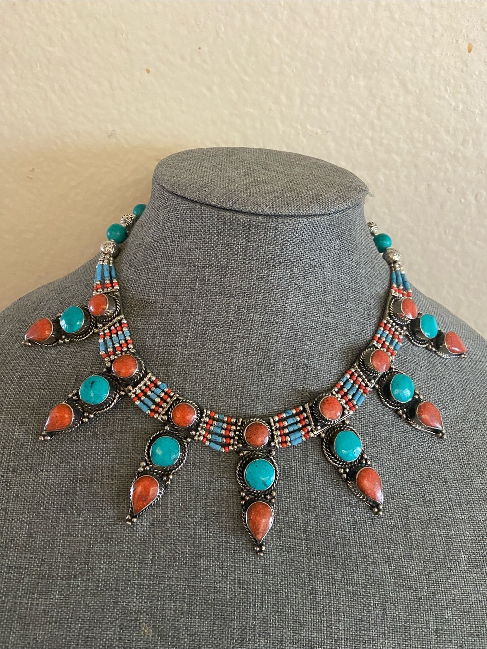 Ornate Boho Turquoise & Coral Teardrop Seed Beads Statement Necklace